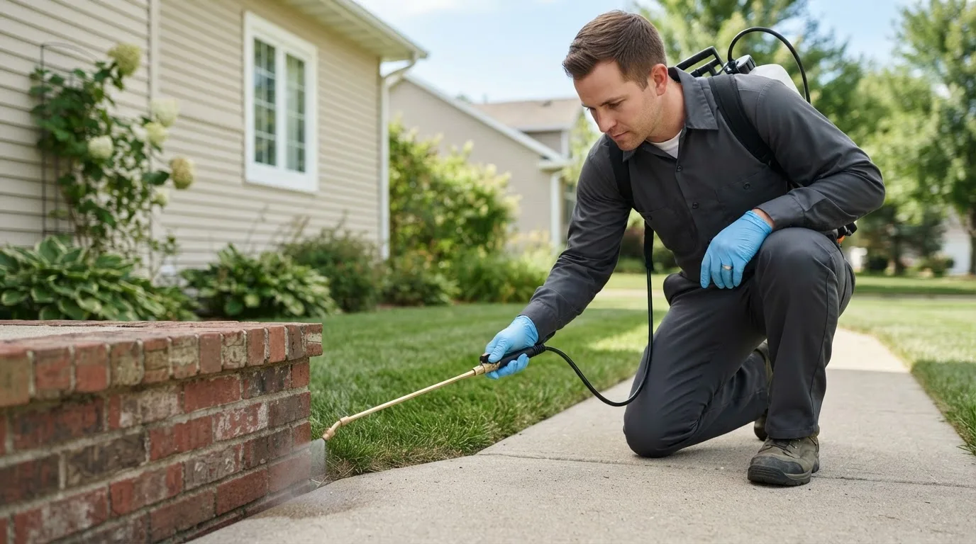 Pest control technician treating a home near New London, TX