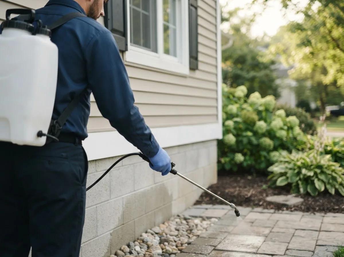 Pest control technician inspecting a home in New London, TX